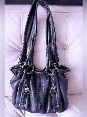 Preowned Authentic Makovsky Black Leather Shoulder Bag Women's Tote Silver Trim